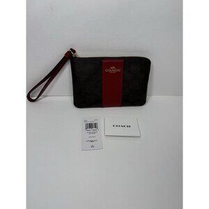 Coach NWT Authentic Woman's Corner Zip Wristlet Signature PVC Brown/Red  #58035